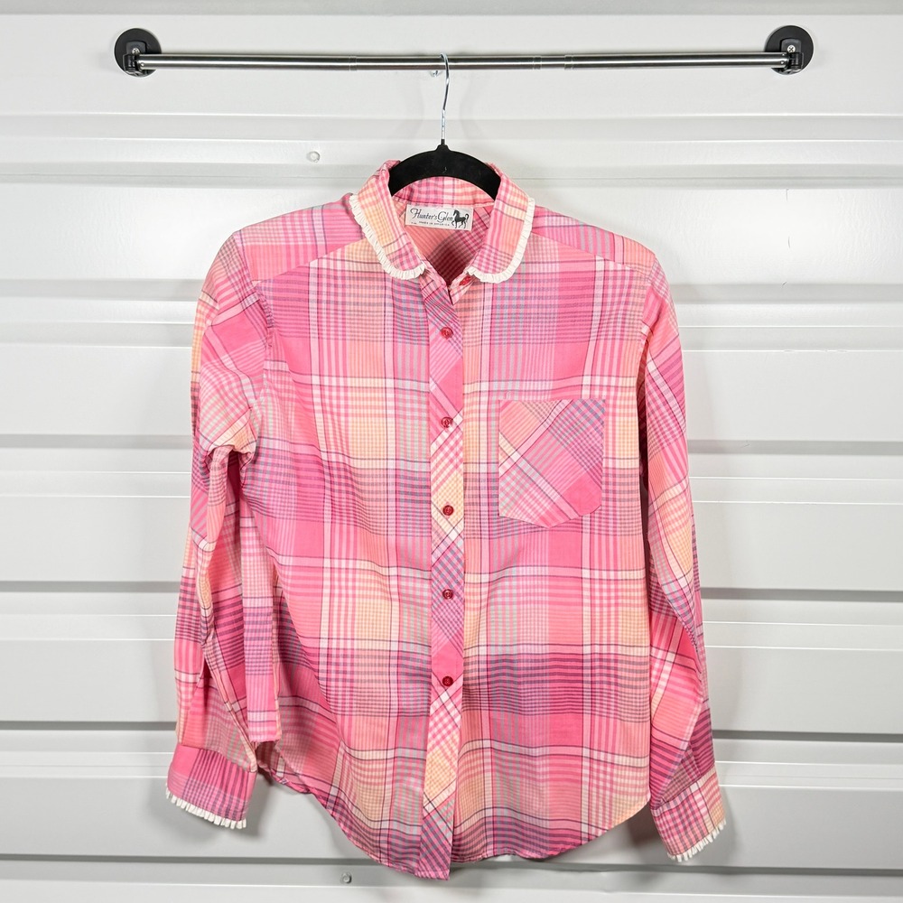 Vintage Hunter's Glen Plaid Button Down Women 14 Pink Ruffle Collar Long Sleeve